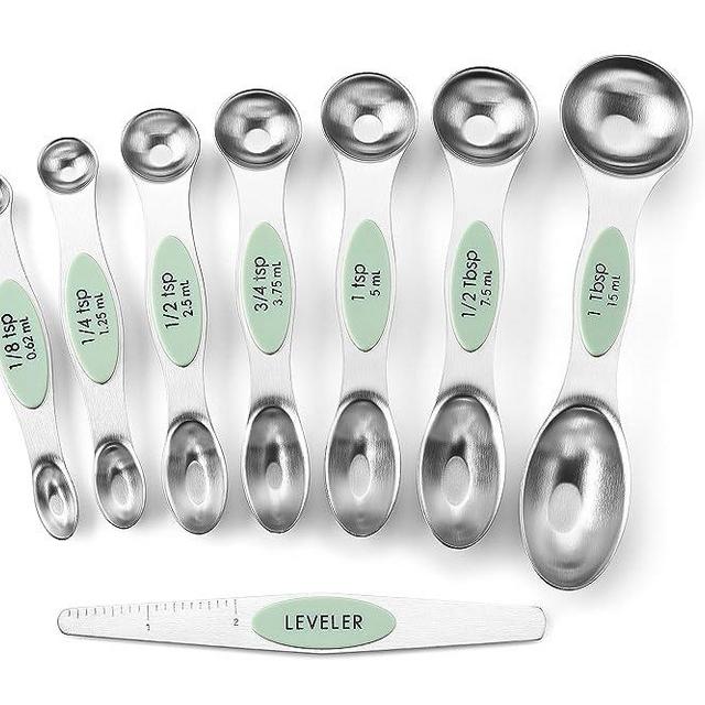 Spring Chef Magnetic Measuring Spoons Set, Dual Sided, Stainless Steel, Fits in Spice Jars, Pistachio, Set of 8