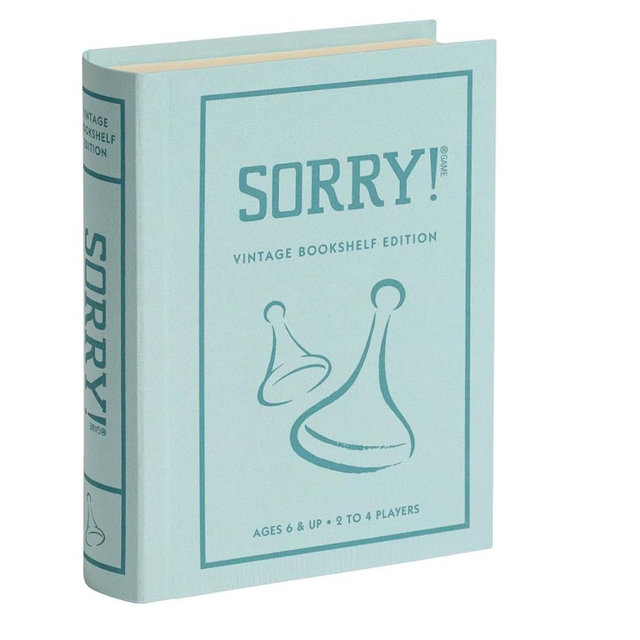 Sorry! Vintage Bookshelf Edition by WS Game Company - Classic Sorry Board Games Retro 1958 Design - Linen-Wrapped Book Case, Wooden Pawns & Full-Size Folding Board, Ages 6+, Suitable for 2-4 Players