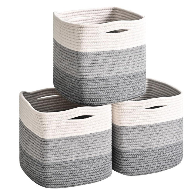 ICERZCZ 11 Inch Cube Storage Bins, Storage Cube Organizer Bins, Woven Cotton Rope Basket for Storage, Storage Baskets for Organizing Shelves, Grey Baskets for Toys, Gradient Grey (Pack of 3)