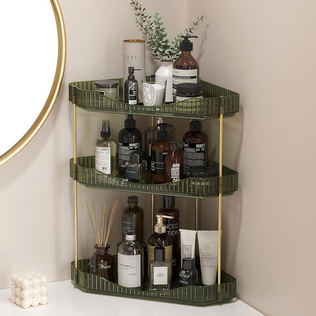 Lifewit 3-Tier Corner Bathroom Counter Organizer, Plastic Makeup Skincare Organizers Storage Countertop, Sink Vanity Trays Perfume, Cosmetic Shelf in Bedroom, Dresser, Kitchen (Green)