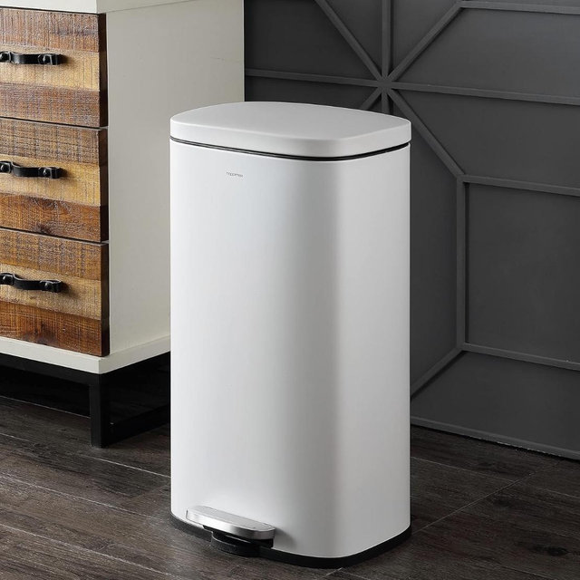 happimess HPM1011C Curtis 8-Gallon Step-Open Trash Can with Soft-Close Lid, Modern, Minimalistic, Fingerprint Proof for Home, Kitchen, Laundry Room, Office, Bedroom, Bathroom, White