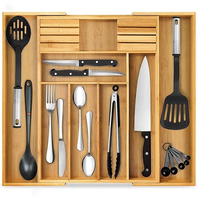 Kitchen Drawer Organizers Bamboo Utensil Holder for Cutlery Silverware Flatware