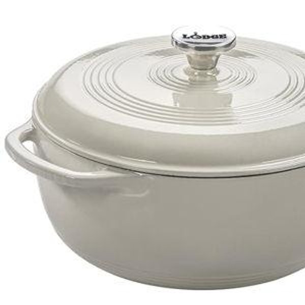 Lodge 6 Quart Enameled Cast Iron Dutch Oven with Lid – Dual Handles, Oven Safe up to 500°F, Stovetop Compatible – Marinate, Cook, Bake, Refrigerate & Serve – Oyster White