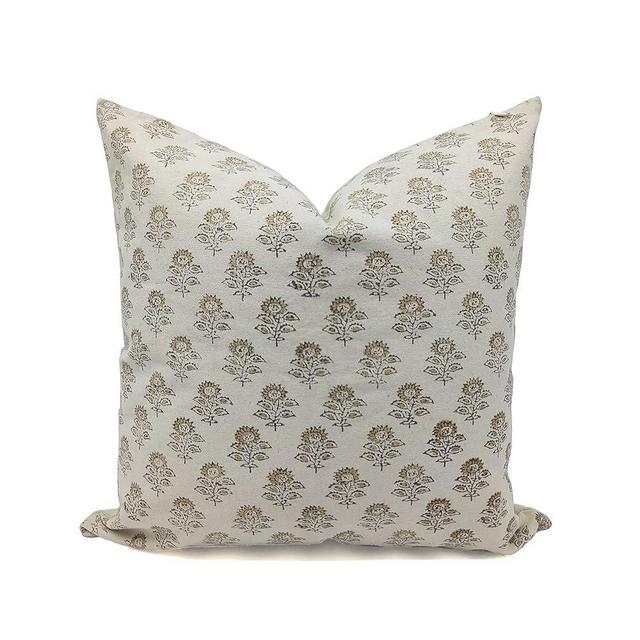 Fabritual Thick Cotton Throw Pillow Cover, Outdoor Pillow with Handloom Print, Sustainable Handmade Cushion Cover with Zipper for Sofa and Couch, Floral Print with Boho Design (Beige,20X20 INCH)
