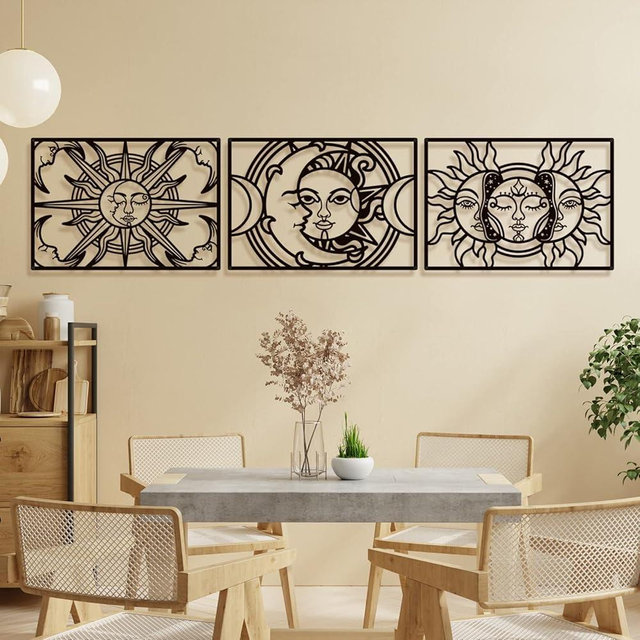 Bakovity Black Metal Wall Decor, Black Abstract Wall Art, Moon Line Art Décor, 3D Sculptures, Large Bohemian Aesthetic Black and White Wall Art for Bedroom Bathroom Living Room (3 Pcs, 17 x 12 in)