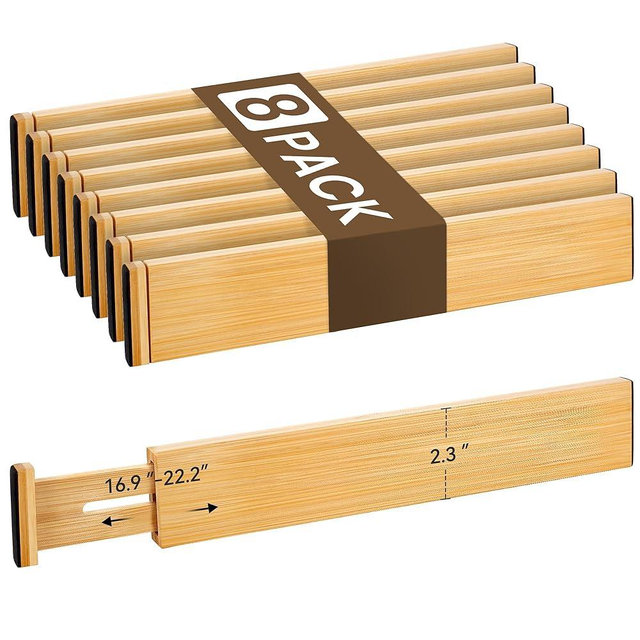 Bamboo Drawer Divider Set of 8, Adjustable Spring-Loaded Drawer Organizer (16.9"-22.2"), 2.3" Height, Suitable for Kitchen, Desk, Bathroom, Clothing, and Miscellaneous Drawer Organization, Natural