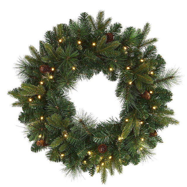 Nearly Natural 24in. Mixed Pine Artificial Christmas Wreath with 35 Clear LED Lights and Pinecones