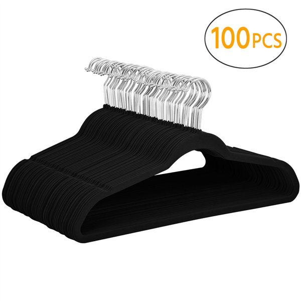 100PCS Non Slip Velvet Clothes Suit/Shirt/Pants Hangers Black 17.72 x 9.29 x 0.2 inch, Capacity 11 lb