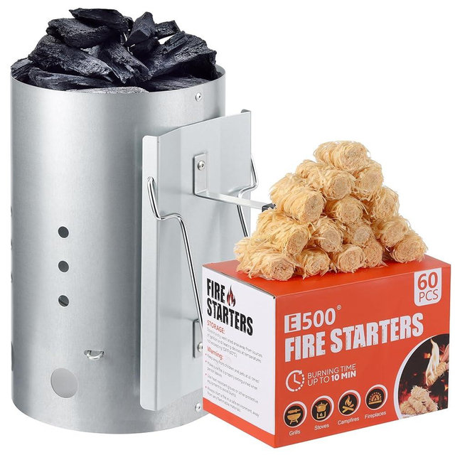 E500 Larger Charcoal Chimney Starter with 60Pcs Charcoal Starter, Coal Chimney Starter for Grill, BBQ Fire Starter Kit
