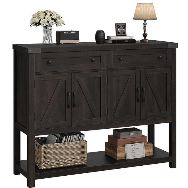 HOSTACK Buffet Sideboard Cabinet with Storage, 47.2" Modern Farmhouse Coffee Bar with 2 Drawers, Barn Door Console Table with Shelf for Kitchen, Dining Room, Living Room, Entryway (Dark Brown)