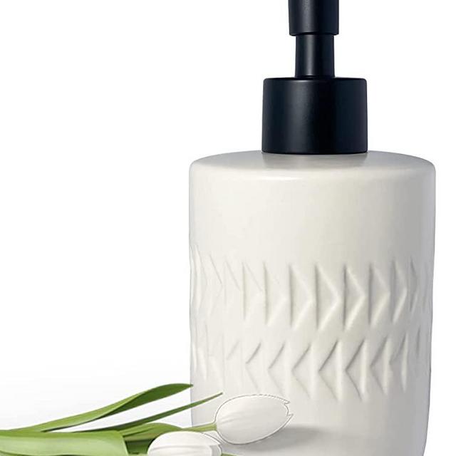 White Soap Dispenser with Matte Black Pump for Bathroom,Cylindrical Lotion Dispenser,12oz Ceramic Relief Hand Dish Soap Dispenser,Refillable Liquid Dispenser for Kitchen Sink (Relief White)