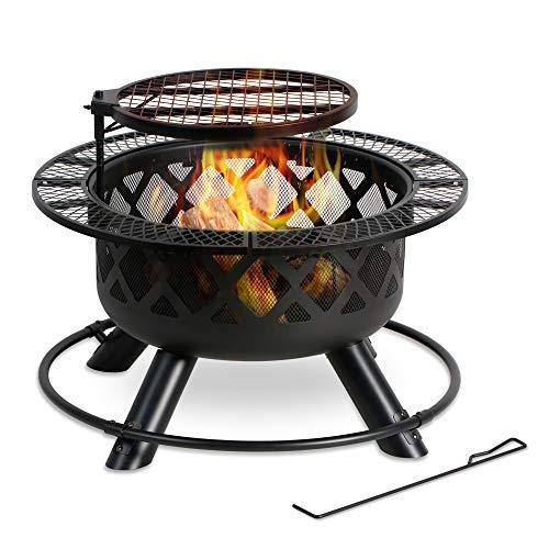 BALI OUTDOORS Wood Burning Fire Pit, 32 Inch Outdoor Backyard Patio Fire Pit with 18.7 Inch Cooking Grill Grate, Black