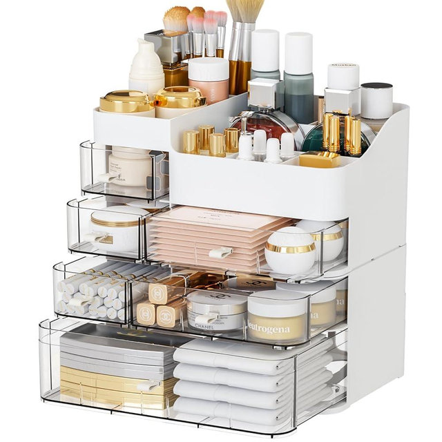 SuoXing Make Up Organizers and Storage for Counter,Big 6 Drawers Skincare Organizer and Storage,Plastic Cosmetic Storage Organizer for Vanity Beauty Skin Care Holder and Dresser Drawer Organizer,White