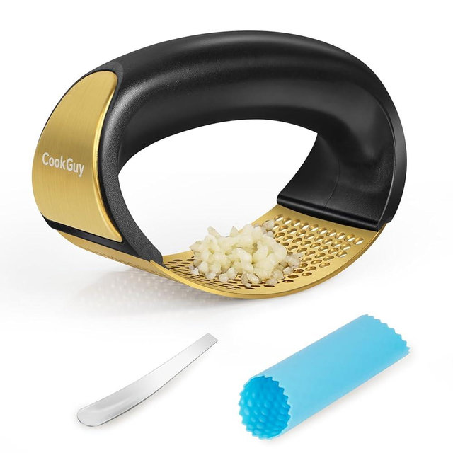 Cook Guy 304 Stainless Steel Garlic Press Rocker Set - Premium Garlic Mincer, Crusher, Peeler, and Scraper Tool for Effortless Mincing - Comfortable Grip Garlic Grinder (Gold)