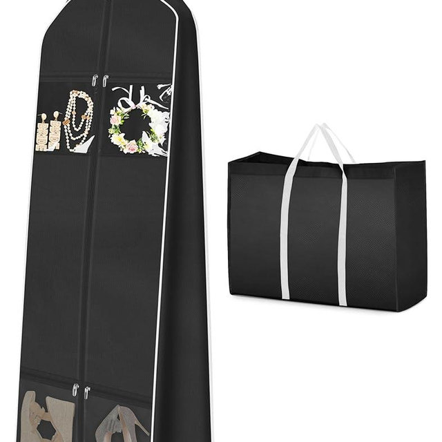 MISSLO 70" Wedding Dress Garment Bag with Bride Tote Bag 8'' Gusseted Wedding Dress Bags for Gowns Long 4 Pockets Dress Cover for Women, Black