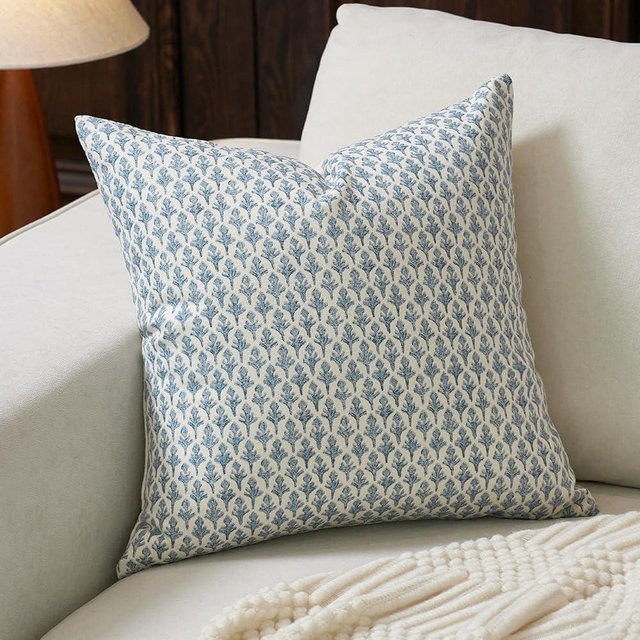 FIOUOVO Floral Pillow Covers 18x18 Pillow Cover Block Print Couch Pillows for Living Room Decorative Neutral Accent Throw Pillow Covers, 1PC, Aqua Blue