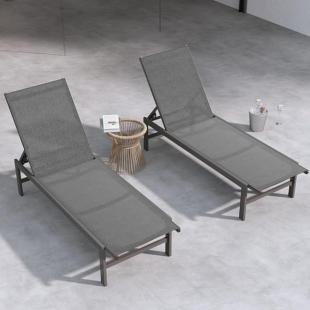 WOAJNQO Aluminum Chaise Lounge Chair Outdoor Set of 2,Pool Lounge Chair with Adjustable 5-Position Recliner,Full Flat Tanning Chair,Rust-Resistant Patio Lounge Chair for Lawn,Pool, Beach,Garden,Grey