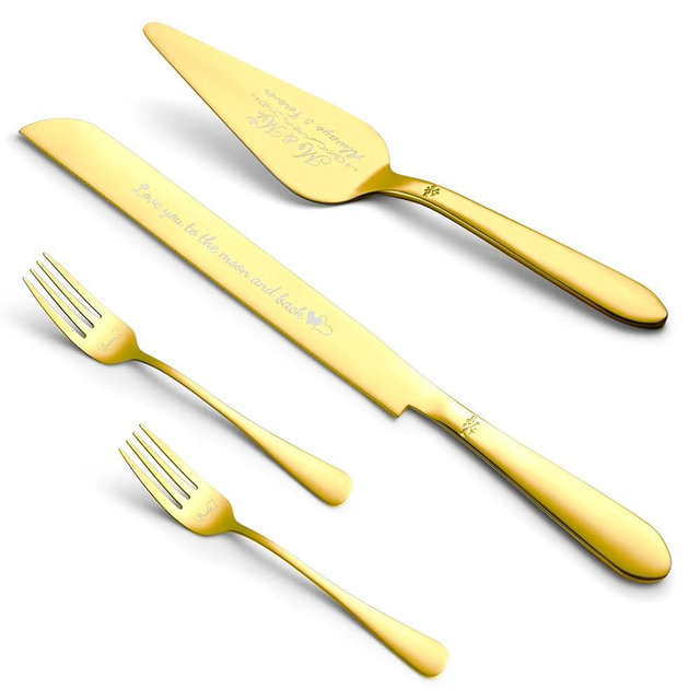 Eisinly Cake Cutting Set for Wedding, Elegant Cake Knife and Server Set with Stainless Steel Forks, Cake Cutter and Pie Spatula for Engagements, Anniversary, Bride and Groom, 4Pcs, Gold