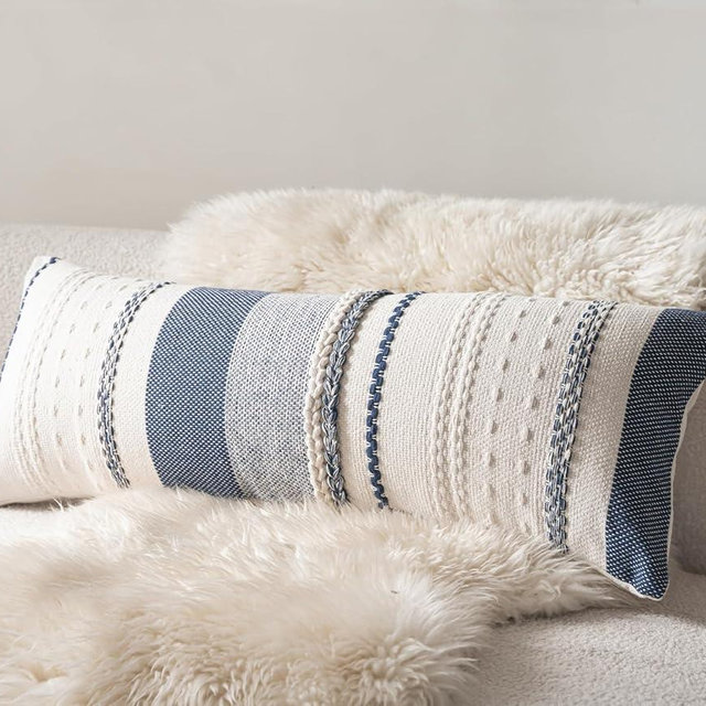 Cethom Boho Lumbar Pillow Covers 14x36 Inch Long, Navy Blue Textured Decorative Couch Pillow Cases for Farmhouse Home Decor, Accent Cushion Cover for Sofa, Bed, Living Room, Bedroom, Pack of 1