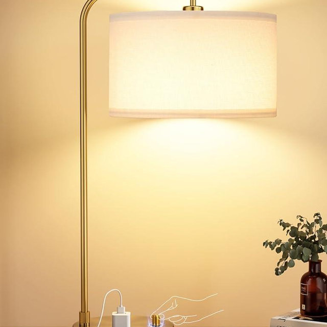 Gold Table Lamp with USB Port and Outlet, Dimmable Nightstand Bedside Lamps with Linen Lampshade, Desk Lamp for Bedroom, Living Room, Guest Room, Home Office, LED Bulb Included