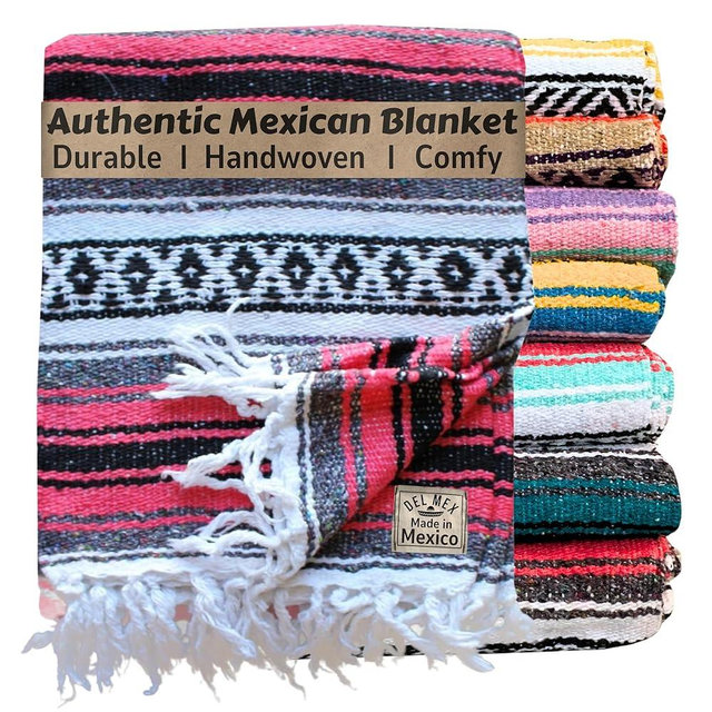 Del Mex Classic Mexican Blanket, Large Authentic Woven Falsa Throw (70"x50"), Artisan Southwest Décor for Beach, Yoga, Outdoors (Salmon)