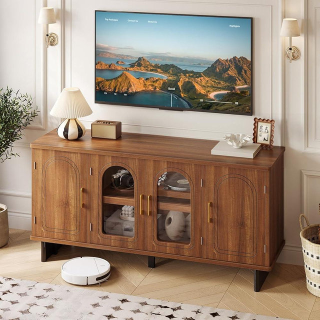 Bestier 59" TV Stand for 65 Inch TV, Mid-Century Modern Entertainment Center with Arched Visual Glass Doors, High Gloss Media Console with 3-Level Adjustable Shelves & Storage, Walnut