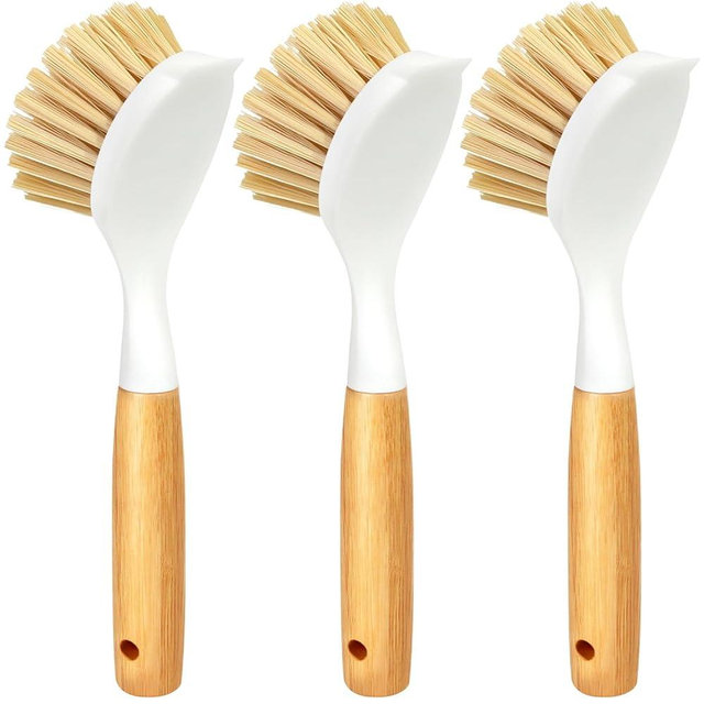 Holikme 3 Pack Dish Brush Set with Bamboo Handle, Kitchen Scrub Brush for Cleaning Pot, Pan, Sink and Stove, Scrubber with Medium Bristles, Yellow