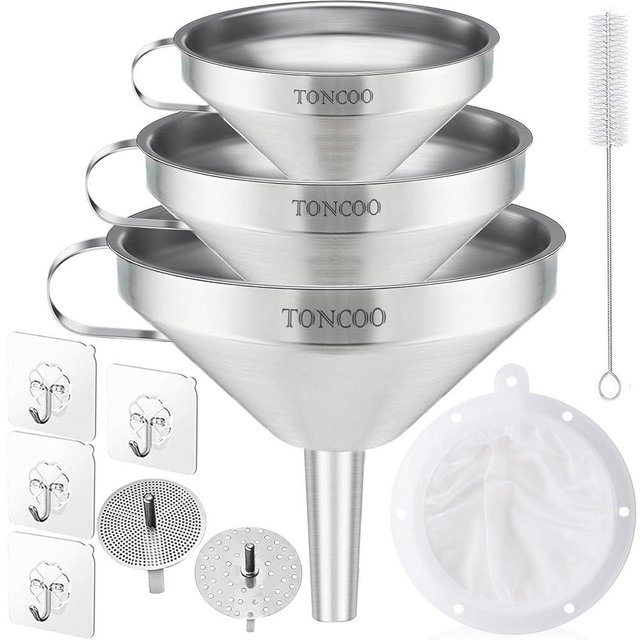 Toncoo 3 Pack Stainless Steel Funnels for Kitchen Use, Food Grade Cooking Funnel with 3 Strainer, Kitchen Funnel Set Metal Funnels for Filling Bottles
