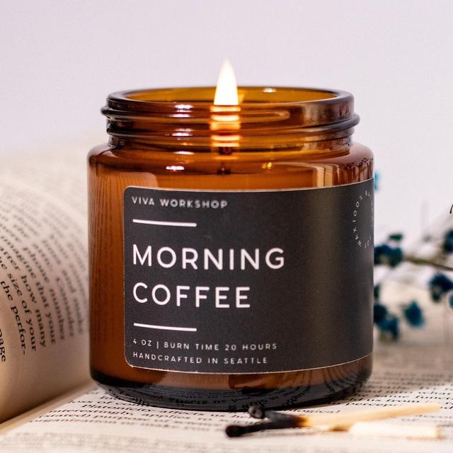 Morning Coffee Wood Wick Candle, Soy Wax Candle in Amber Jar, Coffee Scented Candle Gift for Coffee Lover, Housewarming Gift