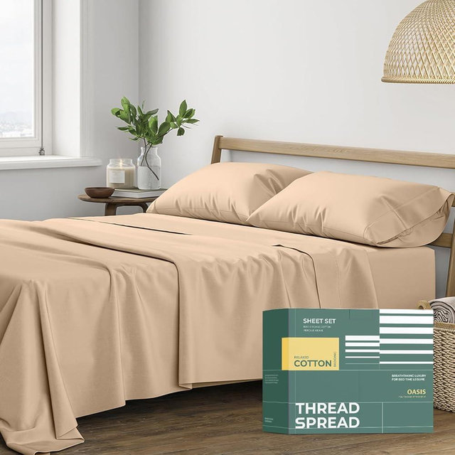 THREAD SPREAD 100% Organic Cotton Sheets Queen Size - 4 PC Organic Cotton Queen Size Percale Weave Sheet Set, Soft, Cooling, Crisp & Breathable, 16" Deep Pocket Hotel Quality Bedding Set - Taupe