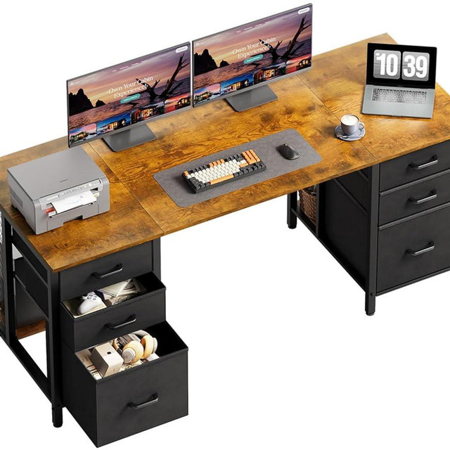 ODK 63 Inch Office Desk with 6 Fabric Drawers, Large Computer Desk for Home Office with Hidden Storage Shelves, Rustic Brown