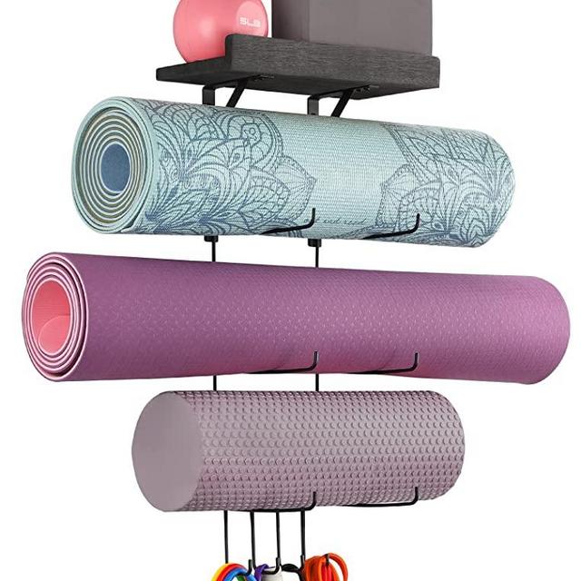 Yoga Mat Holder Accessories Wall Mount Organizer Storage Decor Foam Roller and Towel Storage Rack with 4 Hooks and Wooden Shelves Yoga Mats Rack Resistance Bands for Home Gym School Office