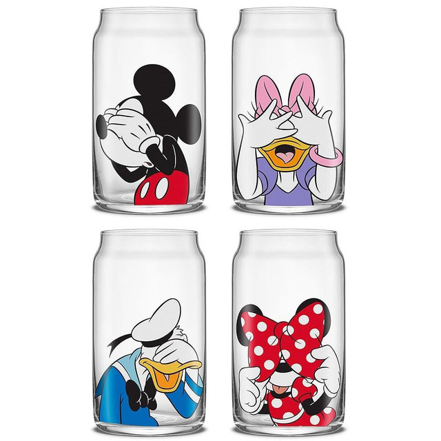 JoyJolt Disney Mickey Mouse & Friends Peek-a-Boo Collection Tumblers, 16oz Can Shape Tumbler Drinking Glass Cups Set, Glass Tumbler Set of 4 w/Glass Straws, Disney Gifts, Mickey Mouse Glasses