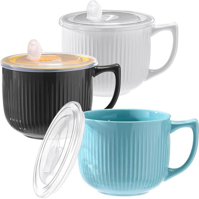 Sunnychicc 3 Pieces Ceramic Soup Bowl with Handle and Vented Lid 30 oz Large Deep Soup Mug with Lid for Instant Noodle Cereal, Containers, Microwave and Dishwasher Safe, Modern Style