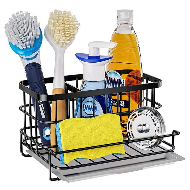 HapiRm Sink Caddy, Kitchen Sponge Holder for Sponge Dish Brush Soap with Drain Tray, Sponge Holder for Kitchen Sink Countertop Sus304 Stainless Steel Rustproof - Black