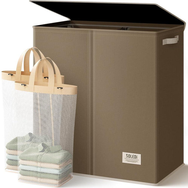 SOLEDI Large Double Laundry Hamper with Lid, Collapsible Clothes Hamper 2 section with Removable Bags, Space-Saving Laundry Basket for Bedroom, Dorm, College