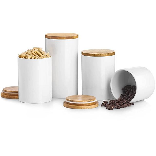 Kitchen Canister Sets For Kitchen Counter, BEYONDA White Ceramic Kitchen Canisters Set Of 4, Airtight Food Storage Ceramic Jar With Wooden Lid, Portable Coffee Canister For Tea, Sugar, Ground Coffee, Spices