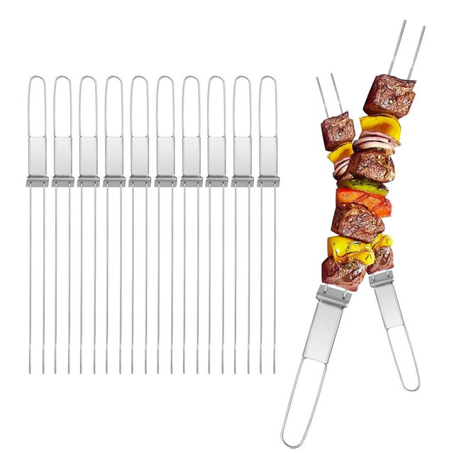 13inch 10(packs) Double Fork Flat Stainless Steel BBQ Skewers with Push Bar, Reusable Skewers for Grilling for Meat, Vegetable, BBQ Accessories