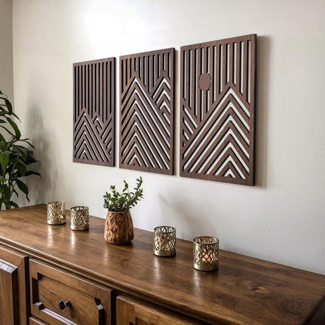 qmmp Modern Wooden Wall Sculptures - Set of 3 - MDF - Oak - Home Decor Accent - Large Wall Art for Living Room, Bedroom, Office - Easy Installation (Walnut, Medium - Mountain and Sun, Unframed)