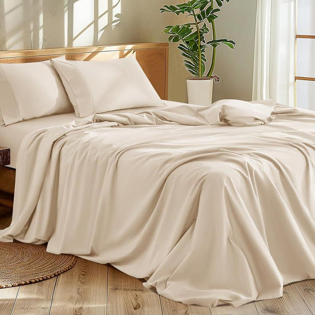 Shilucheng 1200 Thread Count Cotton Sheets Set，Luxury 100% Egyptian Cotton Bed Sheets，5-Star Hotel Quality Sheets, Breathable & Cooling, 16 Inch Deep Pocket - 4 Piece (Beige, Queen)