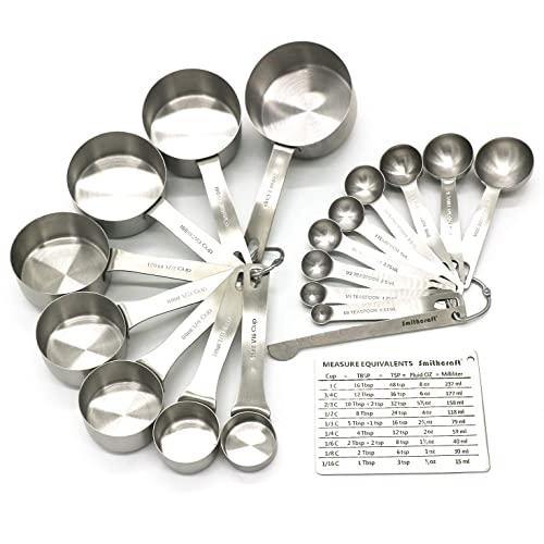 Smithcraft Stainless Steel Metal Measuring Cups and Spoons Complete Set of 19pcs Professional Measurer Scoops Ingredients Liquid or Dry Heavy Duty Solid Measurment Cup