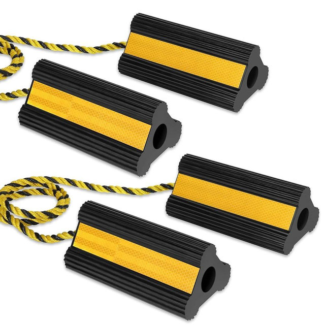 Heavy Duty Wheel Chocks,4 Pack Rubber Wheel Block Front and Back, Non-Slip Base with Nylon Rope, Dual Wheels Rubber Tire Chocks,Wheel Stoppers for Travel Trailers Car, RV Camper Aircraft Truck