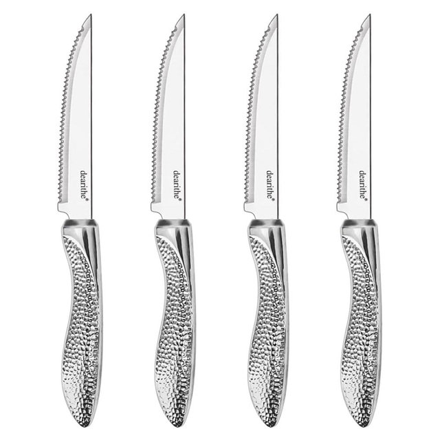 dearithe Steak Knives Set of 4, Stainless Steel Serrated Sharp Blade Flatware Steak Knife Set, Hammered Pattern Hollowed Handle,4.5 In,For Kitchen Restaurant Tableware, Dishwasher Safe