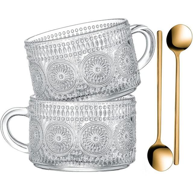 Gezzeny Vintage Coffee Mugs, Glass Coffee Mugs 14 Oz Set of 2 Clear Embossed Glass Cups, Tea Cups, Glass Coffee Cups for Cappuccino, Latte,Cereal, Yogurt, Beverage Hot/Cold Mother's Father's Day Gifts