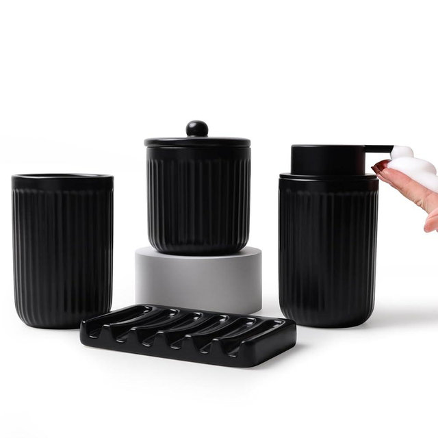 BosilunLife Black Bathroom Accessories Set - Ceramic Bathroom Counter Soap Set Bathroom Decor Sets Accessories Bathroom Lotion Soap Dispenser and Toothbrush Holder Set, Soap Dish, Apothecary Jars