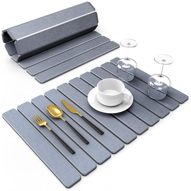 Large Stone Dish Drying Mat for Kitchen Counter, 24"(L)×16"(W), Collapsible Quick Dry Stone Dish Mats, Super Absorbent Diatomaceous Earth Drying Pad for Dishes Bottles Cups, Countertops (Black Grey)