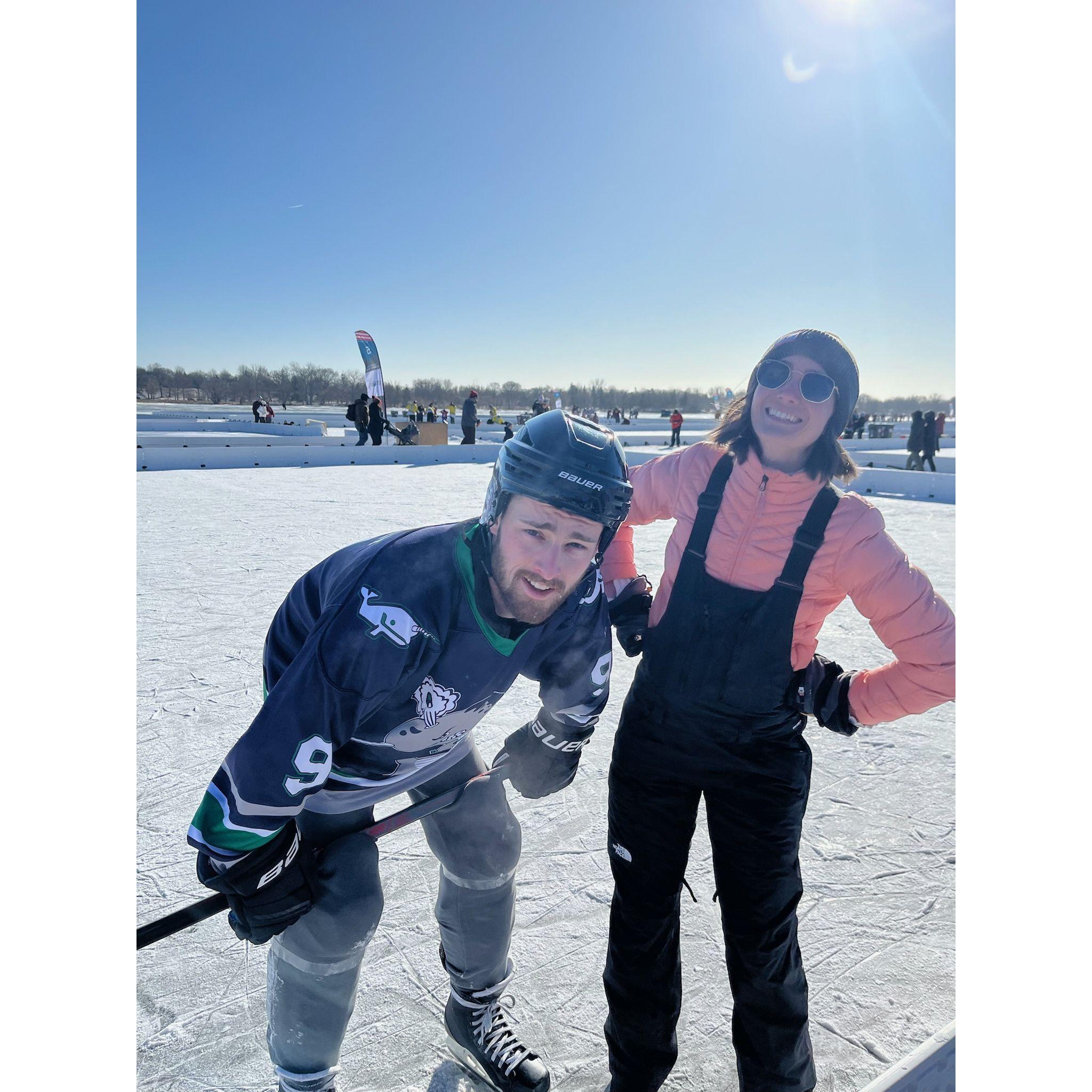 Jake participates in the National Pond Hockey Tournament for the second year. Claire is cold, but supportive.