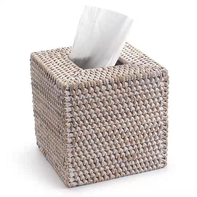Square Rattan Tissue Box Cover, Hand Woven Wicker Tissue Holder, 5.5 x 5.5 X 5.7 inch, Whitewash