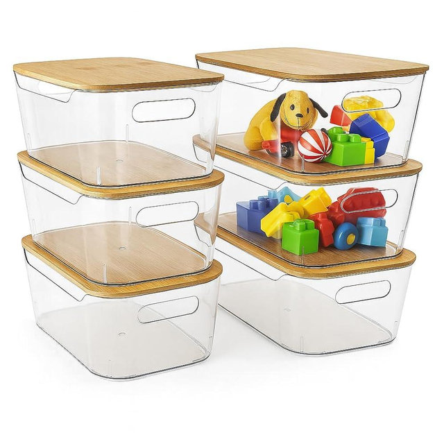 CiWiVOKi 6 Pack Clear Storage Bins with Bamboo Lids, Stackable Organization and Storage Containers with Handle for Pantry, Cabinet, Closet, Fridge, Bathroom, Organizer Bins for Home & Kitchen