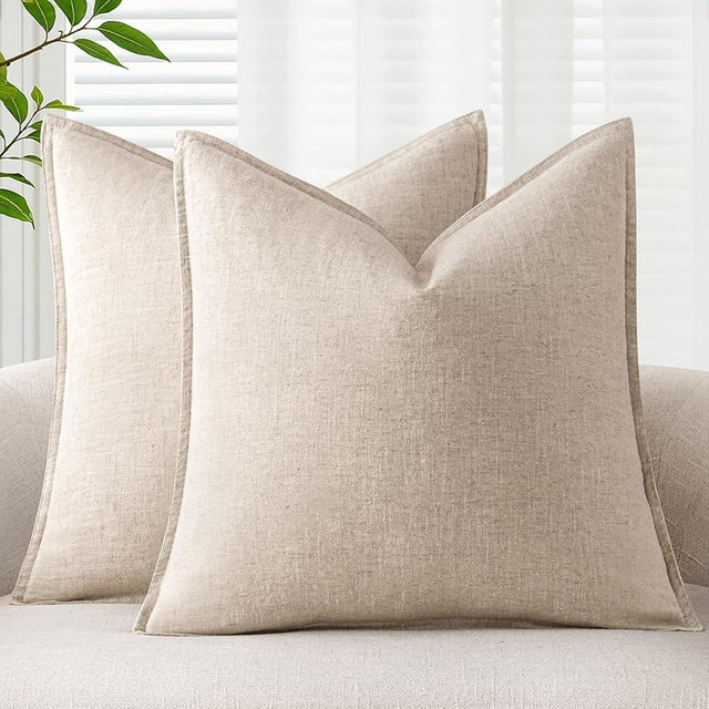 ANRODUO Pack of 2 Decorative Linen Pillow Covers Natural Beige Neutral Farmhouse Boho Soild Cushion Case Soft Accent Pillowcase for Couch Sofa Bedroom Living Room Home Decor 20 x 20 Inch